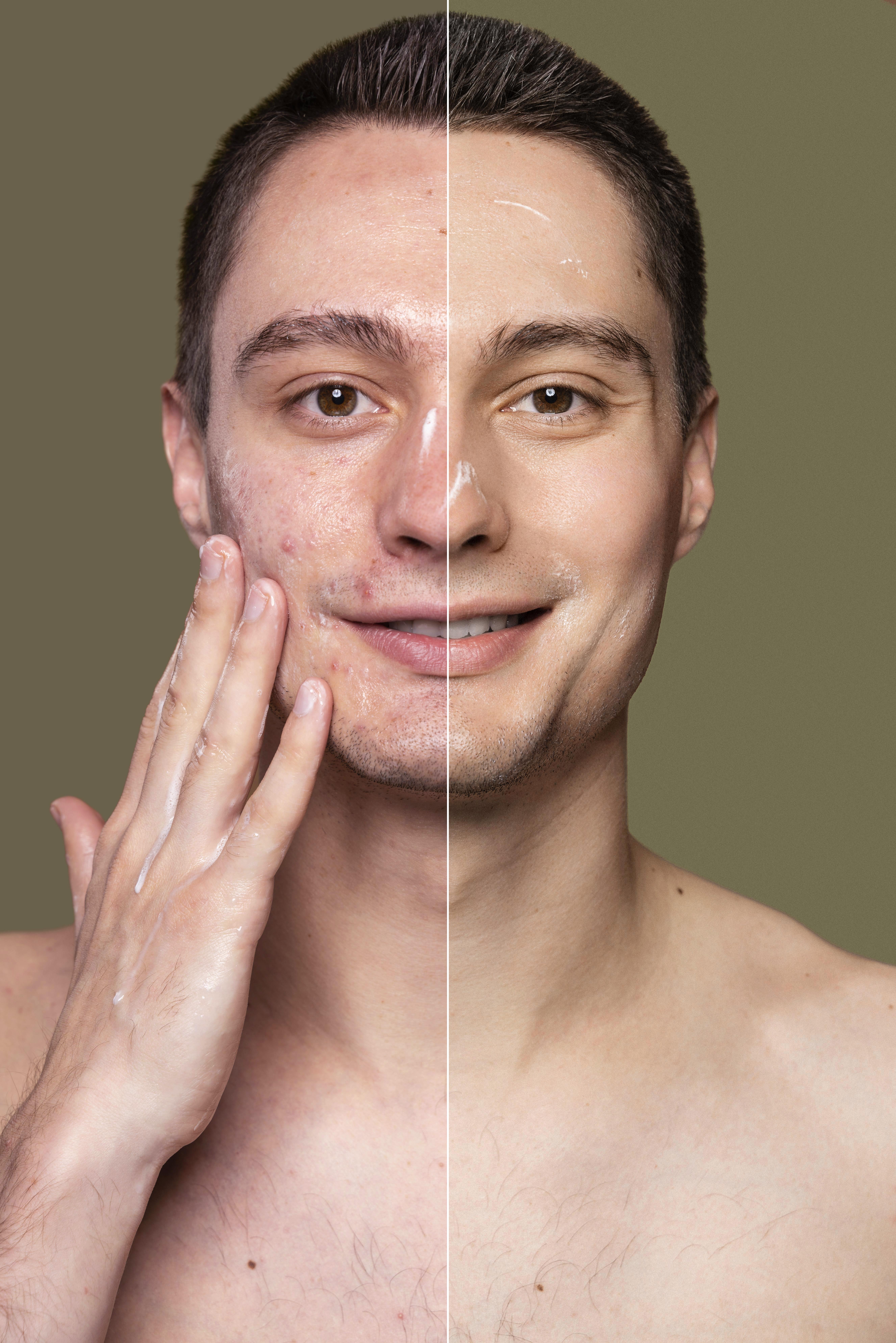 before after portrait young man retouched