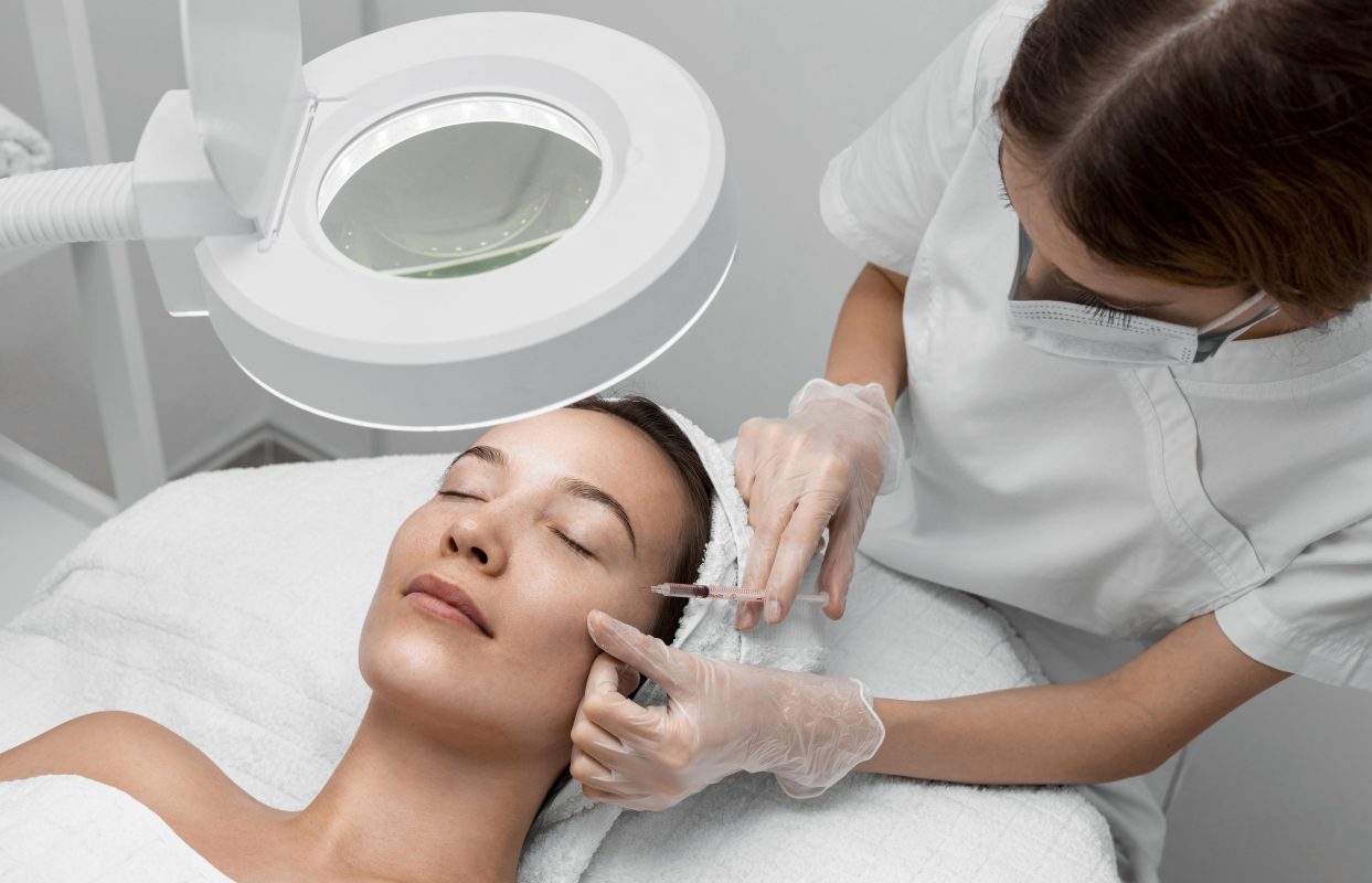 beautician doing injection filler female client